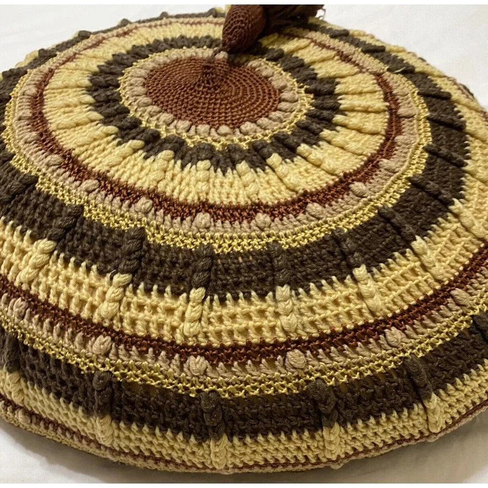 Crocheted Throw‎ Pillow MCM Browns Beige Vtg 70s Look Round Meditation